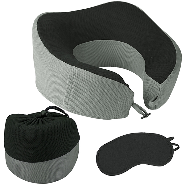 "MEMORY FOAM" כרית לצוואר בגווני אפור/שחור כיסוי לעיניים, מגולגלות בפאוץ נשיאה